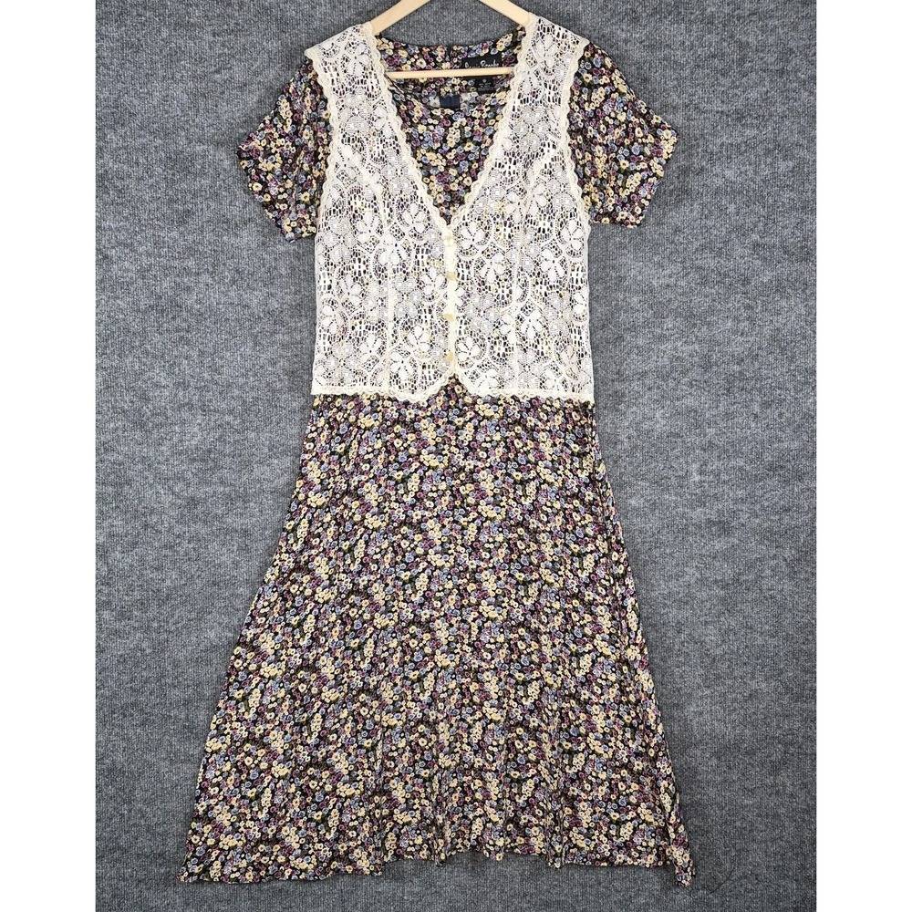 VTG Jamie‎ Brooke Floral Vest Cottagecore Boho Lace Grunge 90s Y2K Maxi Dress